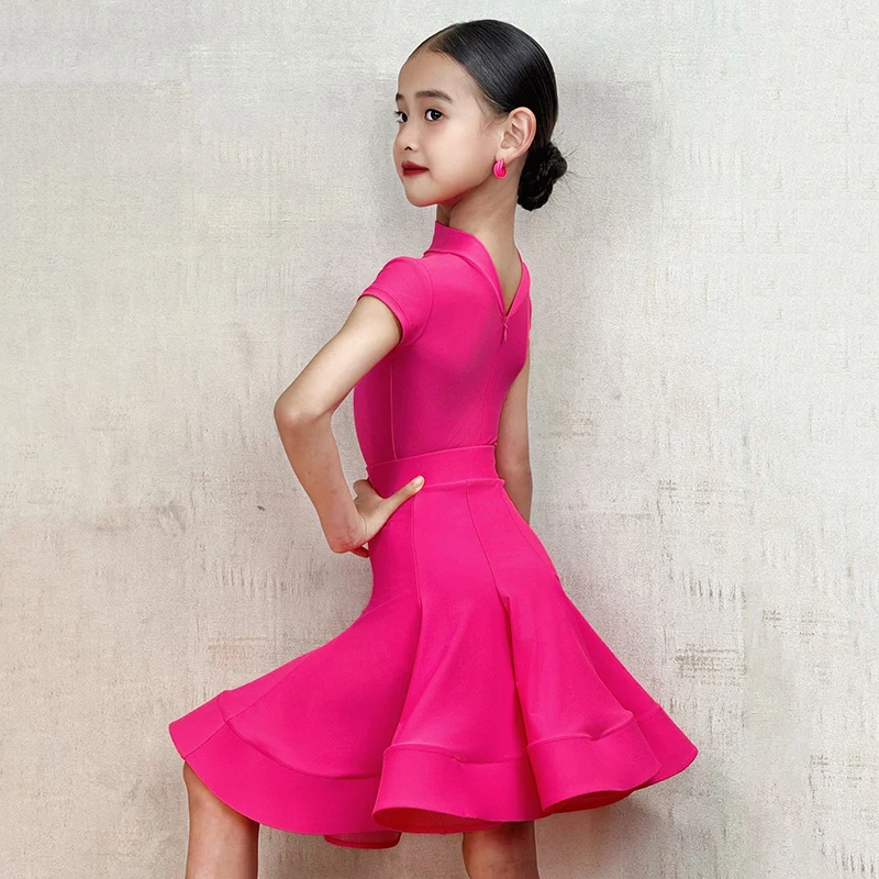 Latin Danswedstrijd Jurk Kinderen Latin Jurk Voor Stage Performance Korte Mouw Turnpakje Visgraat Rok Kinderen Dancewear 2099