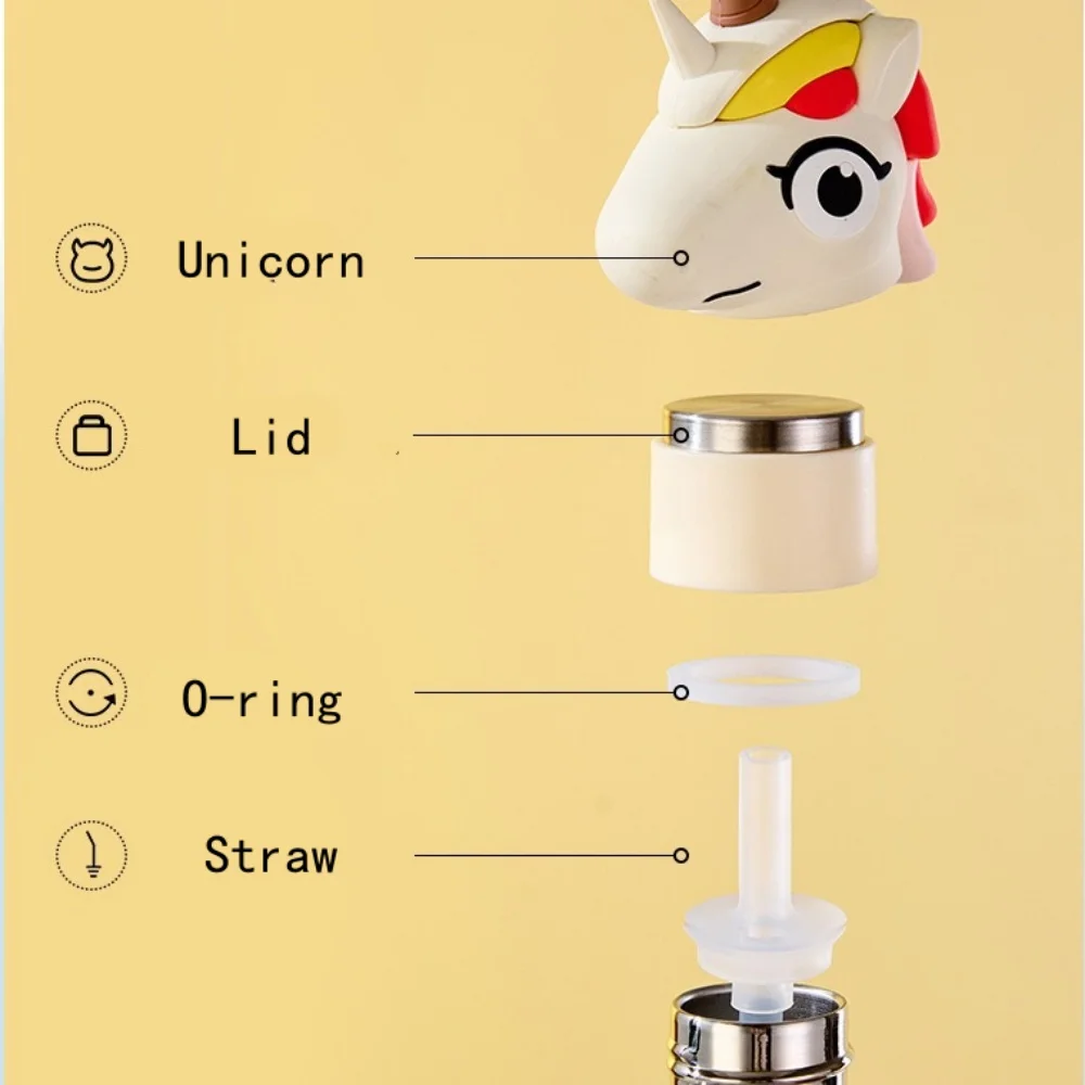 Unicorn Insulated Stainless Steel Water Bottle with Detachable Soft Animal Head Fun Drinking For Kids and Teens with Straw