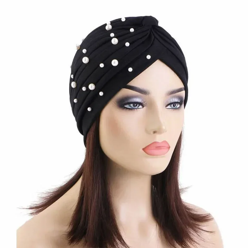 Indian Muslim Women Beads Hijab Chemo Caps Pleated Turban Bonnet Beanies Hair Loss Hat Headwrap Cancer Cover Headscarf Mujer Cap