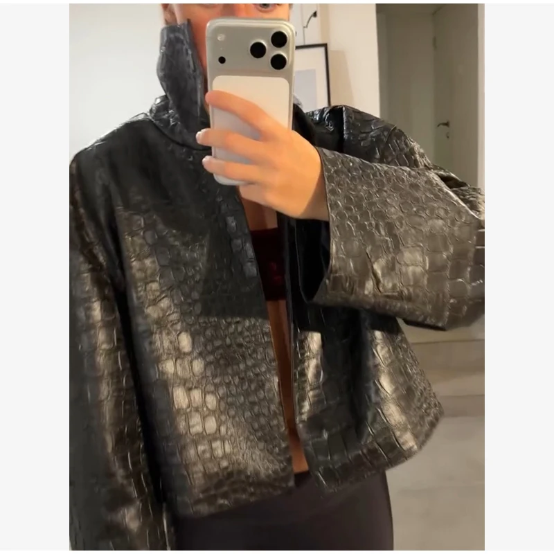 Women's Crocodile Pattern Short Leather Jacket Retro High Collar Zipper Loose Long Sleeve Jackets Lady Street Daily Wear 2026