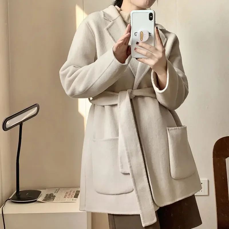 New Women's Wool & Blends Coat Retro Loose Belt Ladies Jackets Single Hot Fashion 2024 Medium Elegant Outerwears Winter Clothes