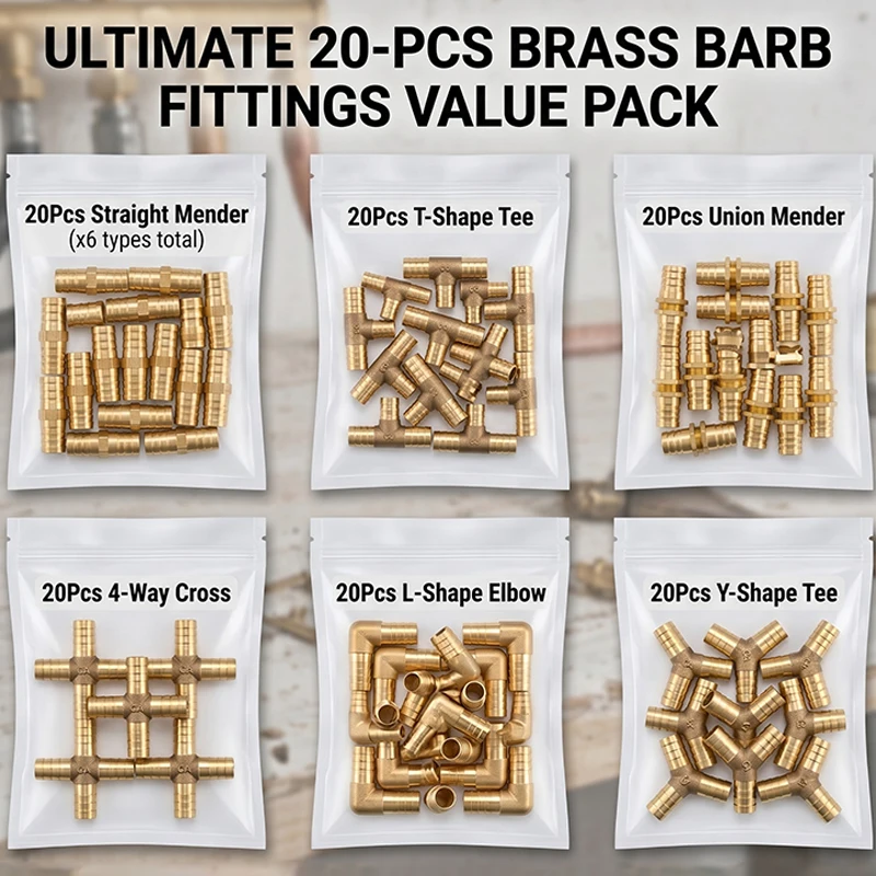 20PCS Brass Hose Barb Fittings Kit, Pagoda Style Pipe Connectors for 6–19mm Water and Air Hose, 2 3 4 Way Couplers Included