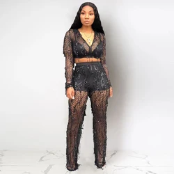 Women's Perspective Fashion Party Vacation Beach Sexy Black Mesh V-Neck Nightclub Sequin Pants Two Piece Set Summer Y2k Clubwear