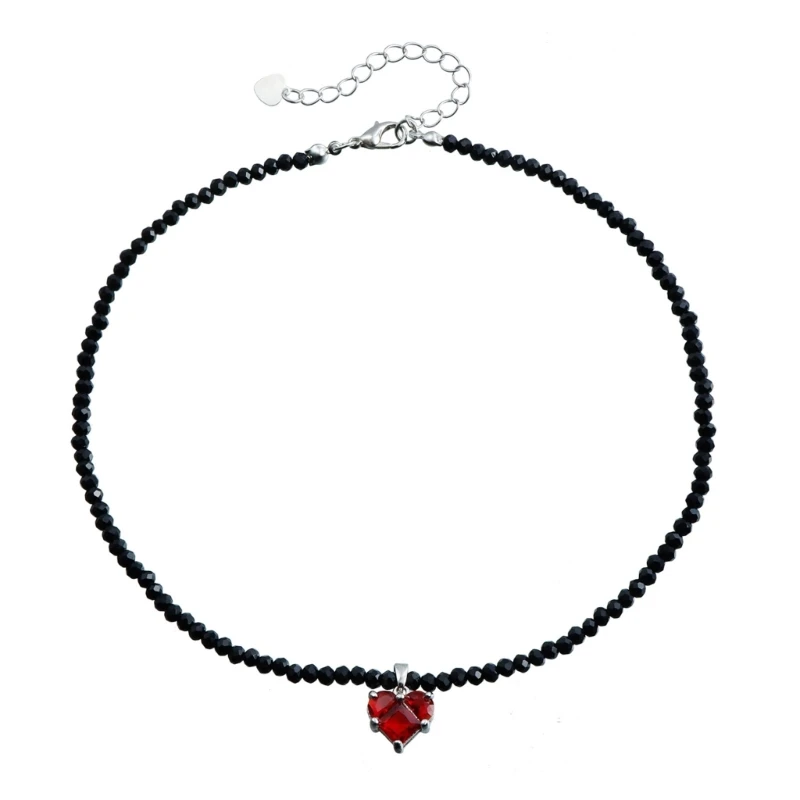 Elegant Love Charm Choker with Black Crystal Bead Adjustable Length Neckchain