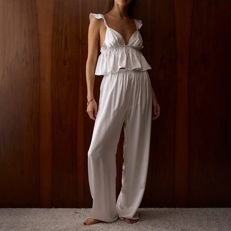 Women's Pajamas and Robes Ruffle Trim Camisole Top & Pants 2 Piece Loungewear Set  Soft Casual Nightwear for Home & Sleeping