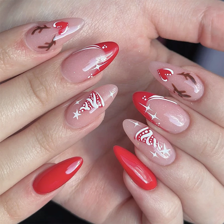 24-Piece Set of Christmas Reindeer Antler Christmas Tree Almond-Shaped Press-On Nails, Red-Orange Gradient Detachable Fake Nails, Includes Jelly Glue and Nail File Set