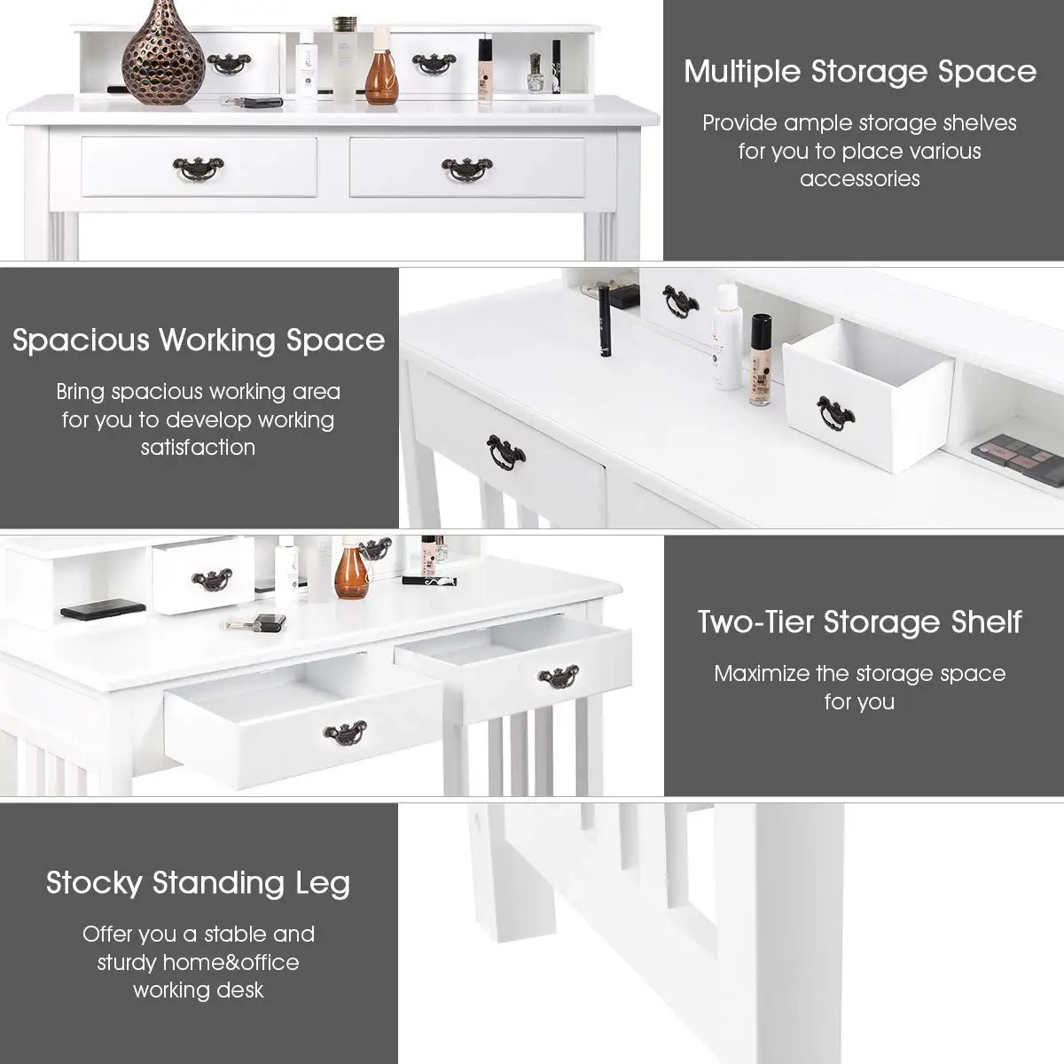 Writing Desk with 4 Drawer & 2-Tier Organizer, Computer Workstation for Home Office, White Vanity Table, Customized