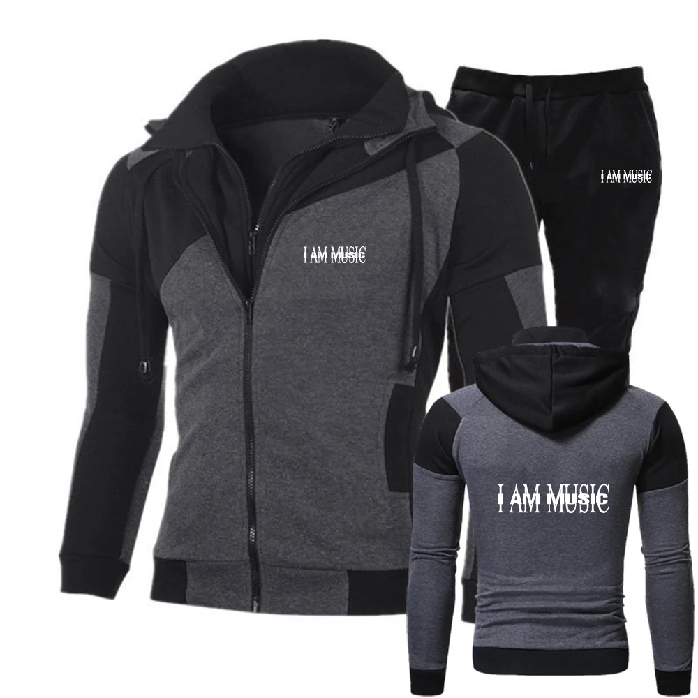 

I AM MUSIC 2025 New Spring Autumn Comfortable Men Zipper Color-blocke Hoodies Cardigan + Casual Sweatpant Sports Suit