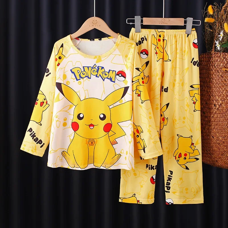 Pikachu Pajamas Pants Set Kids PPokemons Anime Home Clothes Boy Girl Spring Autumn Nightwear Trousers Children Long Sleeves Gift