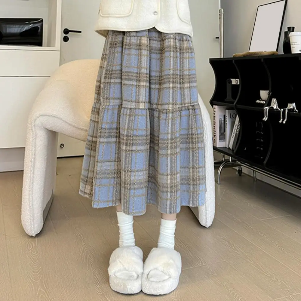 High-waisted Woolen Skirt Slimming Skirt Stylish High-waisted Plaid Woolen Skirt with Ruffle Detailing Women's A-line for Autumn