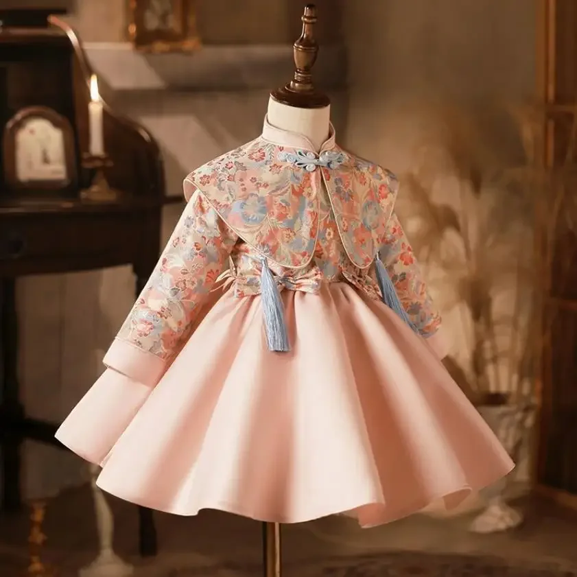 Vestido de noche de princesa para niños, manga larga, diseño estampado, boda, cumpleaños, bautismo, fiesta, niñas, nuevo