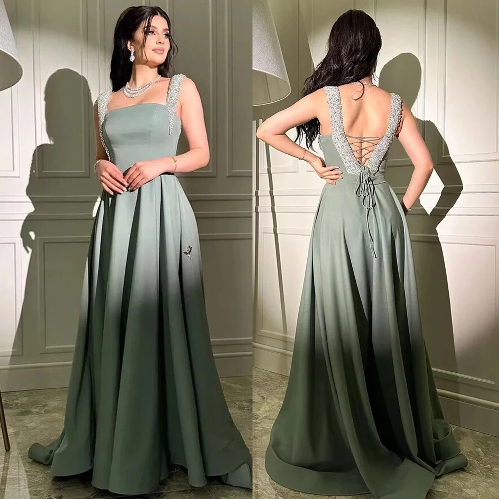 

Elegant Square Neck Evening Dress Spaghetti Strap A-line Sexy Backless Lace Up Prom Gown Middle Eastern فساتين سهرة فخمه