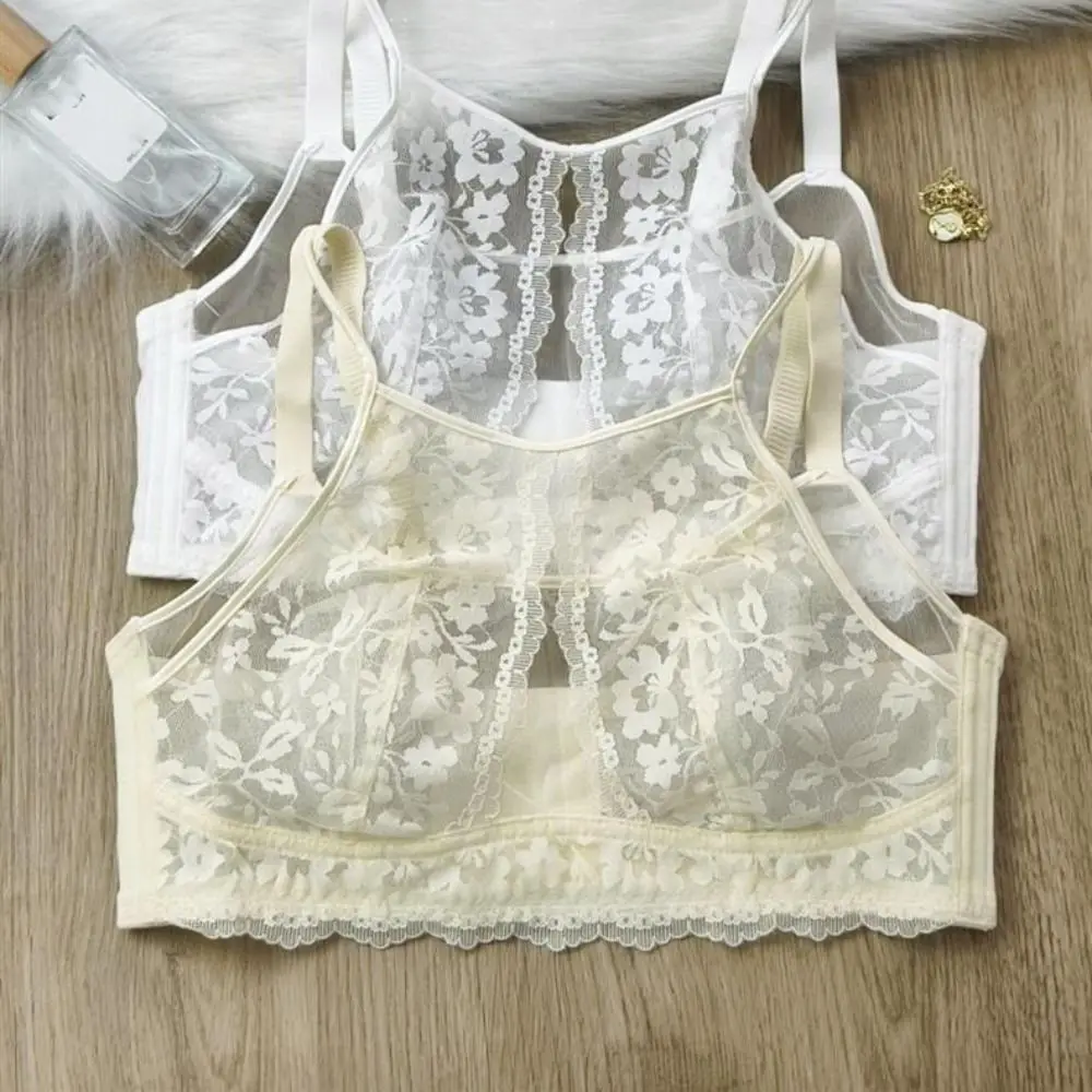 

Breathable Mesh Flower Wireless Deep V Bra Anti-sagging Lingerie Underwear for Women Shockproof Adjustable Lace Thin Bra Girls