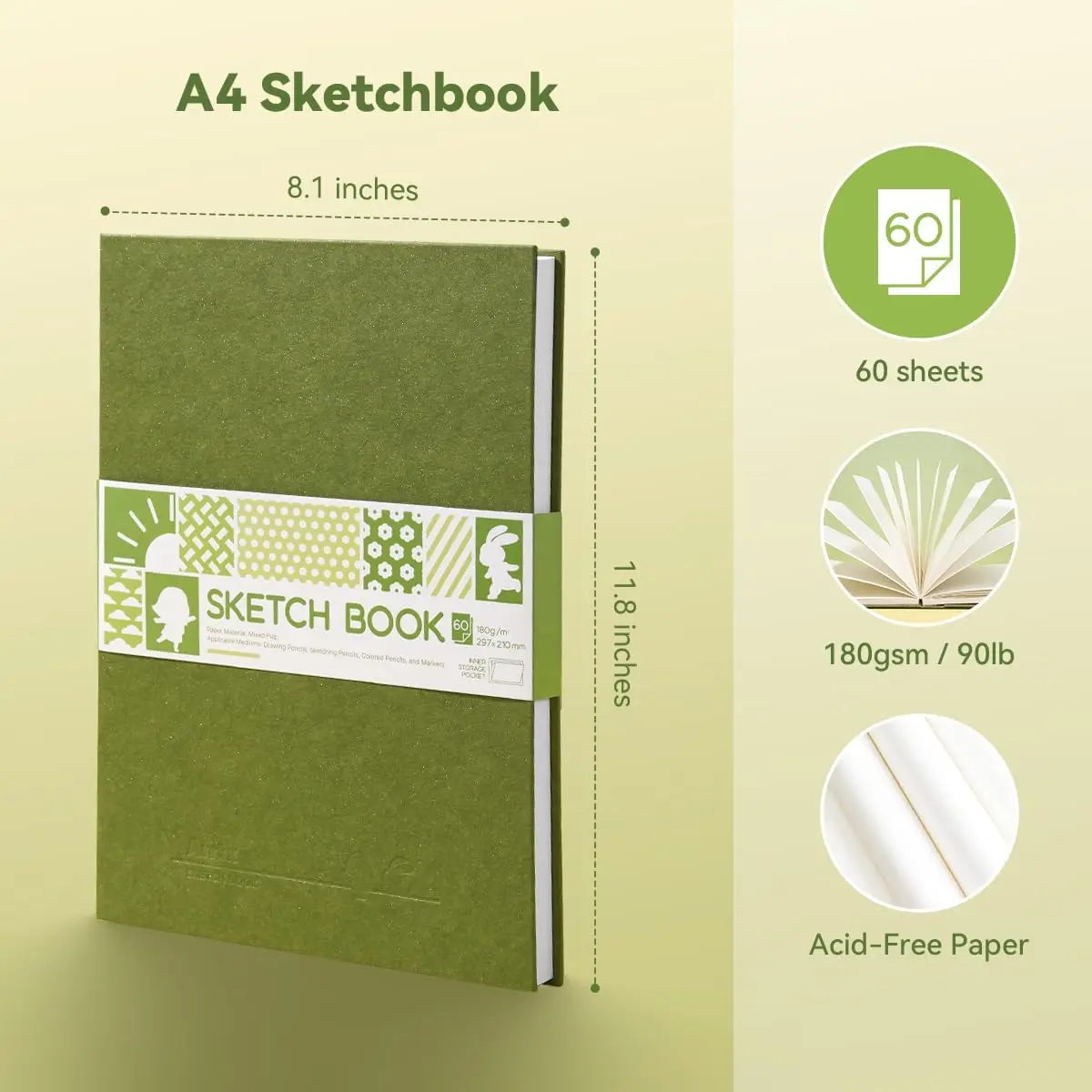 Arrtx Sketchbook, A4(29.7 * 21.0 cm) 60 Sheets/120Pages 180g, Artists Hardcover Sketchbook, Durable Acid-Free Drawing Paper