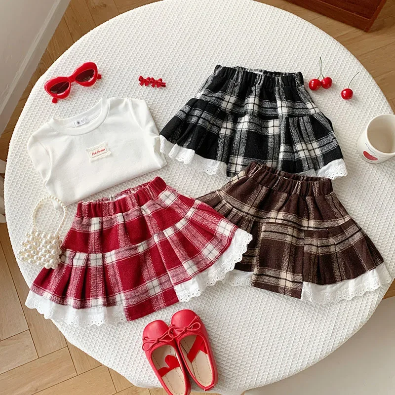 

2025 Kids Girls Skirts Cotton Plaid Elstic Waist Infant Babys Girls Skirts Loose Lace Hem Retro Toddler Girls Skirts
