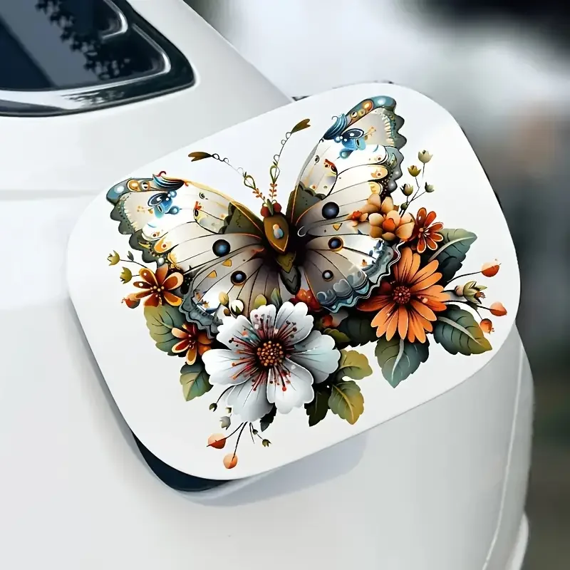 Butterfly & Flowers Vinyl Decal, 6-inch Glossy Self-Adhesive Car Sticker - Animal & Plant Theme, Cartoon Style, for Glass, Metal