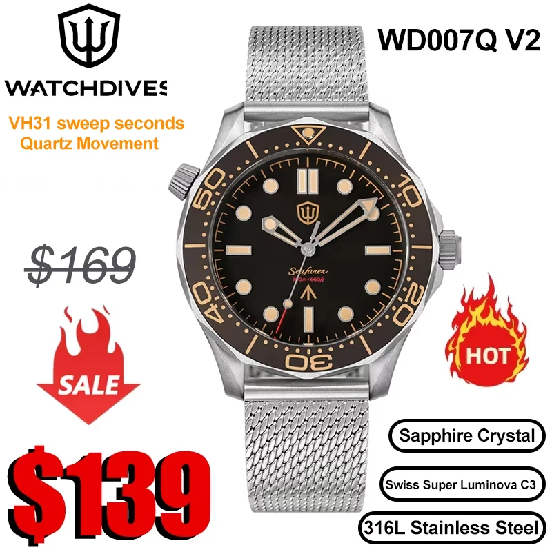 Watchdives Seafarer WD007Q V2 VH31 Titanium NTTD Dive Watch Sweep Second Quartz Movement Luminous Sapphire Waterproof Watches