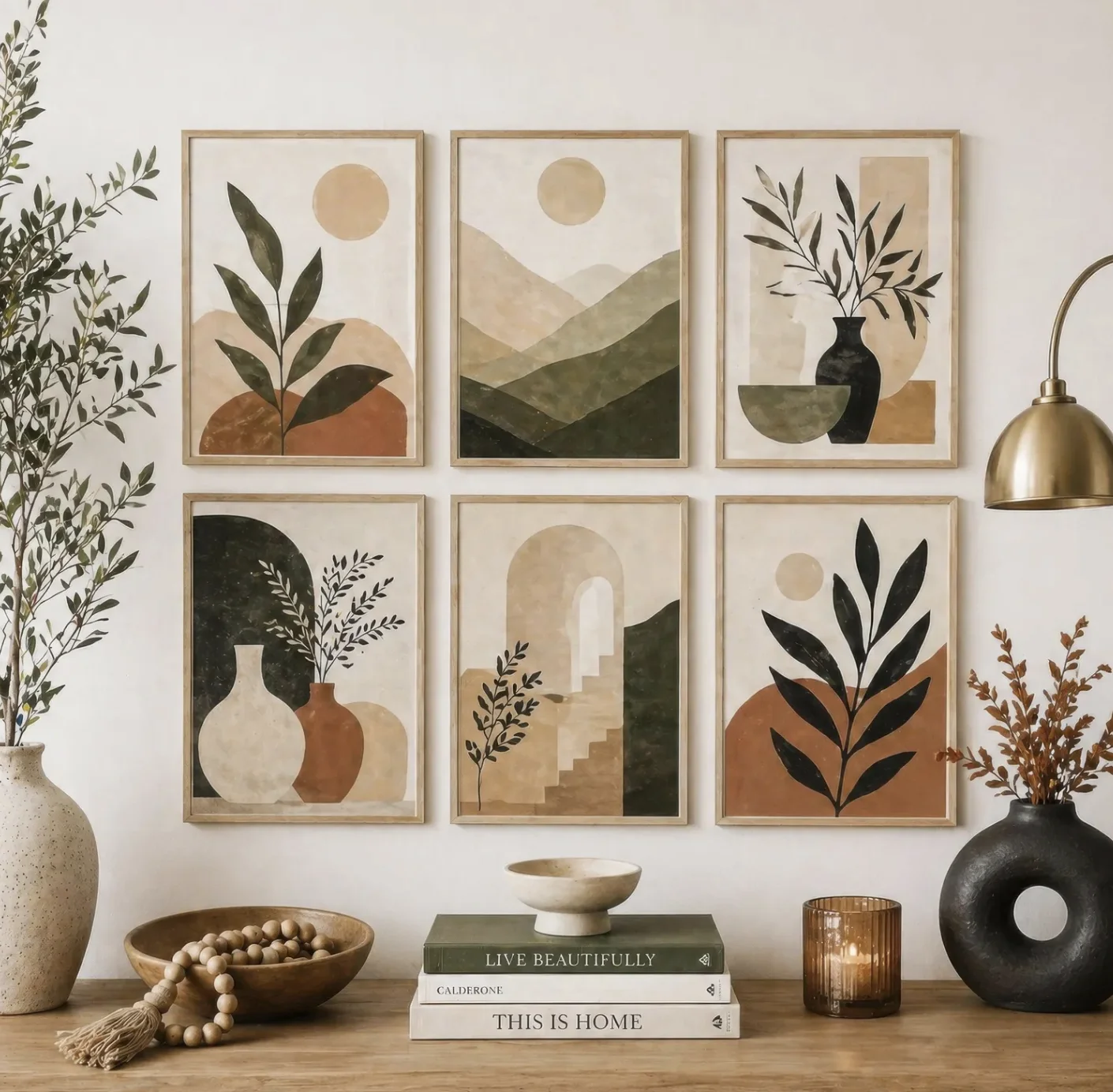 Boho Neutral Botanical Wall Print, Abstract Mountain Leaf Canvas Print, Minimalist Earth Tone Decor for Bedroom Living Kitchen