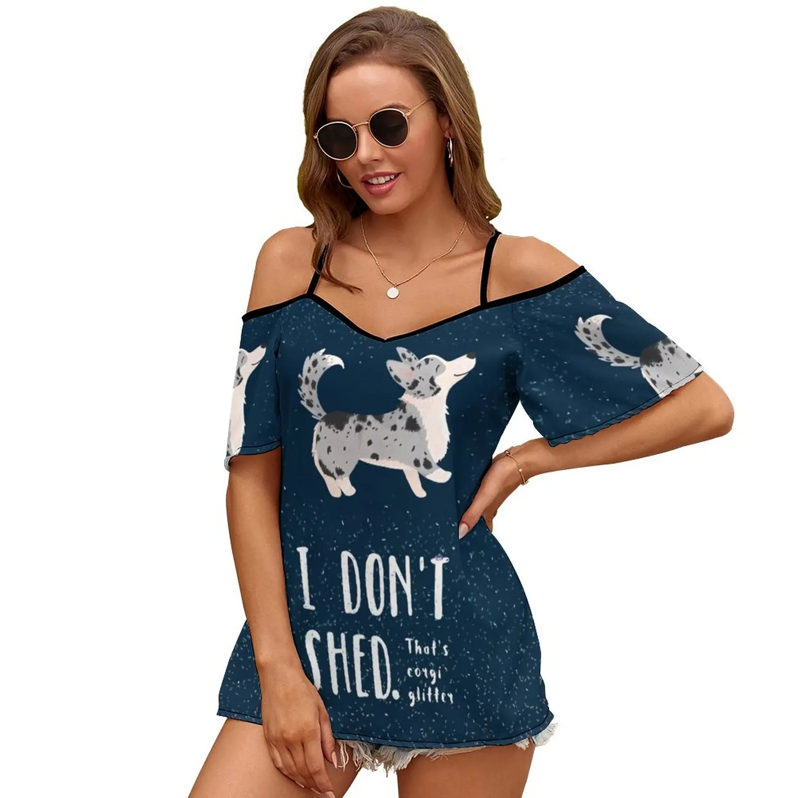 Corgi Glitter ( Cardigan Welsh Corgi ) 2260 Women Print T Shirt Casual Off Shoulder Loose Pullover Tops Fashion Clothes Corgi