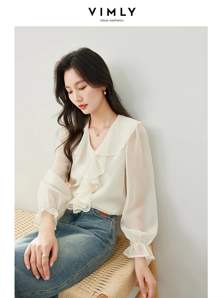 Vimly French Style Ruffled V-neck Chiffon Shirt 2024 Spring Simple Long Sleeve Women\'s Blouses Apricot Elegant Pullovers 16579