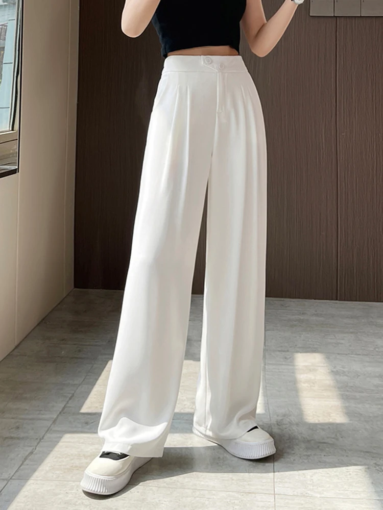 

2023 Summer Woman Career Pant Office Straight Wide Leg Pants Ladies Buttons Casual Full Length Trousers Female 4 Purple S-4XL