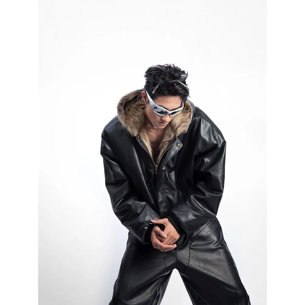 American Style Men's Padded Jackets PU Leather Reversible Faux Fur Fleece Thickened Solid Color Loose Male Coats Tide