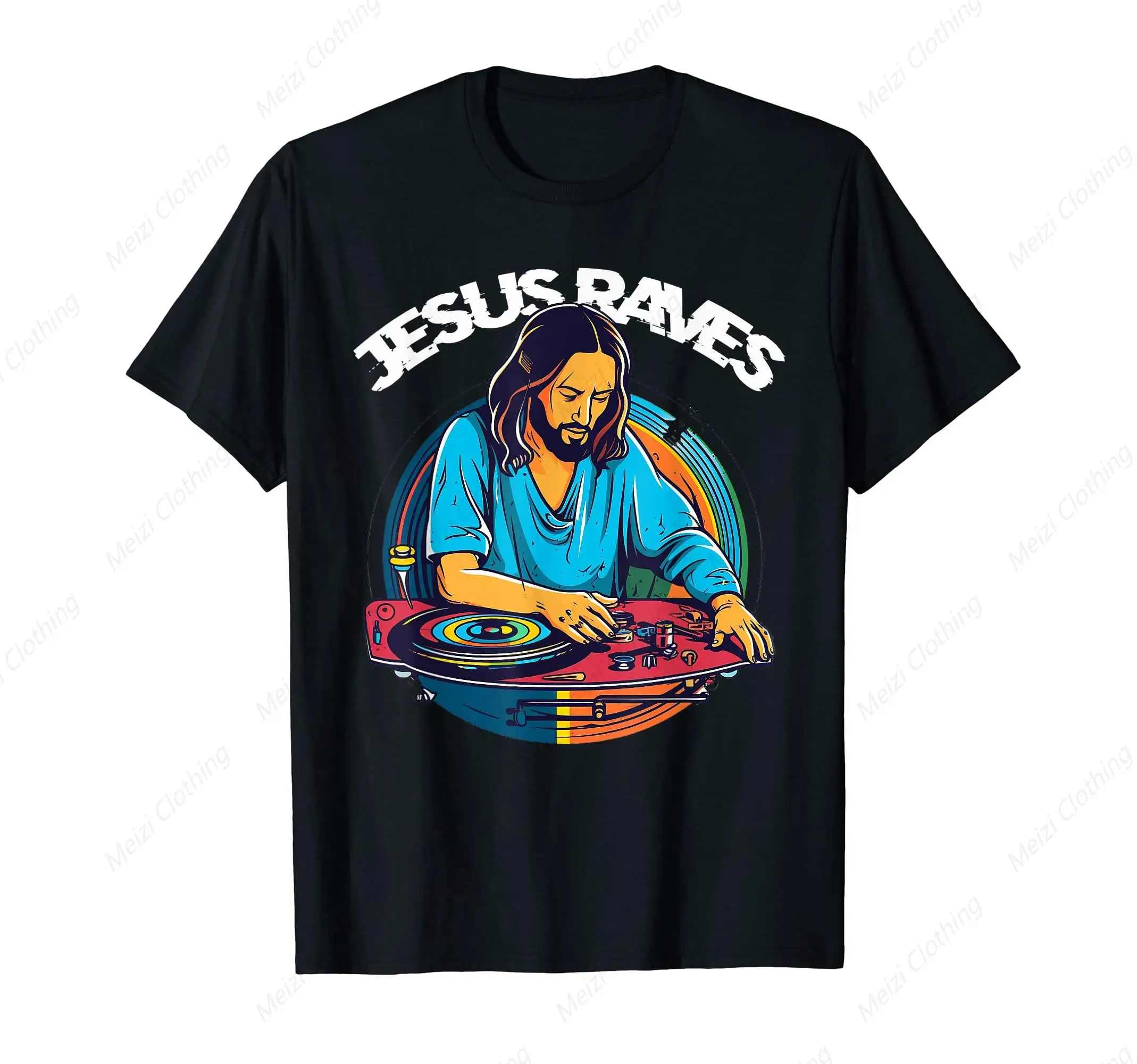 

Jesus Raves DJ Rave Techno EDM Party Wheel T-shirt Fun Cool Fashion Shirt Cotton Casual Short Sleeve