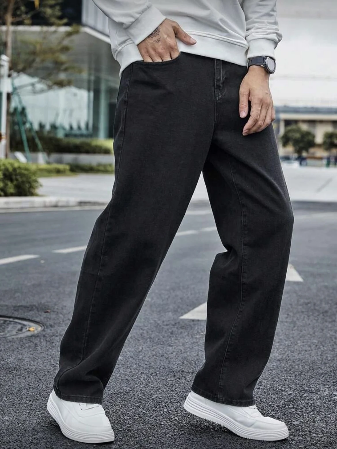 جينز مستقيم للرجال - مقاس مريح مع ثنية رائعة وبطن وتنحيف باللون الرمادي الداكن