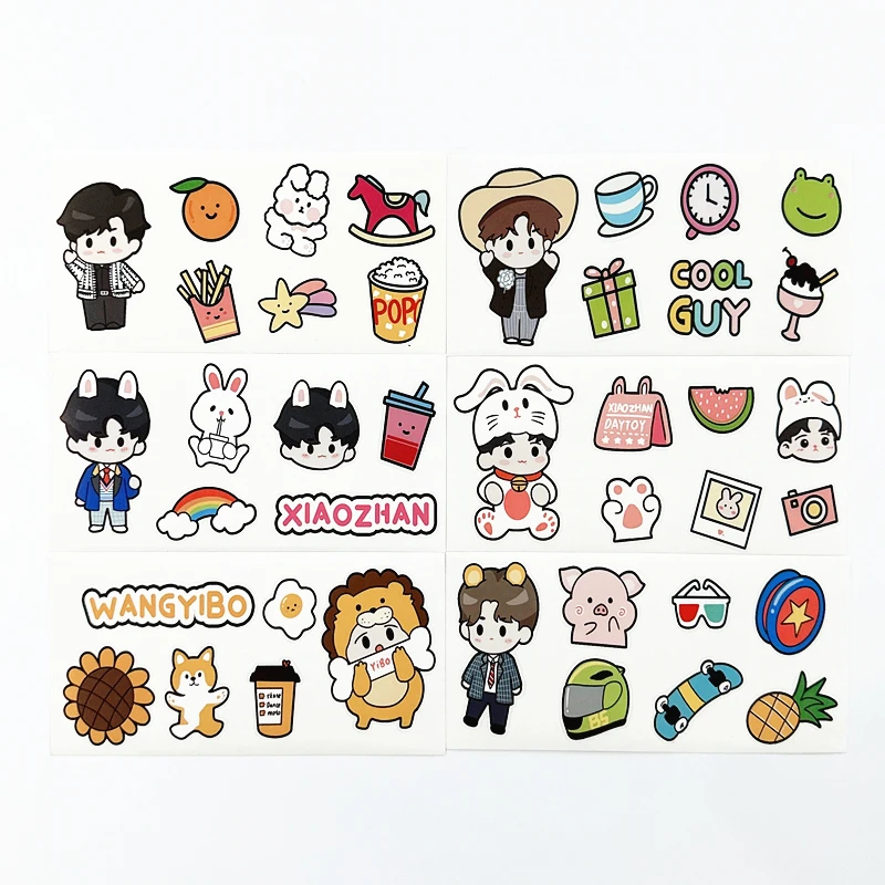6 sztuk/zestaw naklejek PVC Bo Jun Yi Xiao - Wang Yibo i Xiao Zhan, wodoodporne naklejki z kreskówek do pamiętnika/telefonu/laptopa