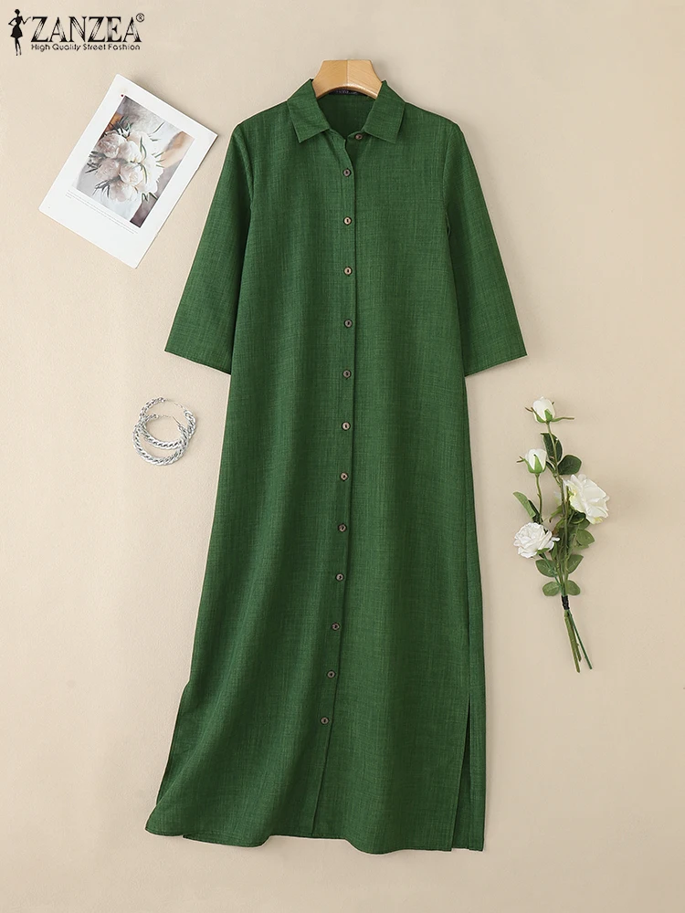 ZANZEA femme automne mode élégante chemise décontracté col rabattu manches 3/4 fente latérale Maxi Robes déplacements Robes solides