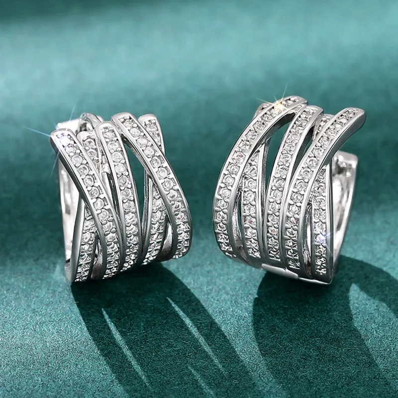 2024 New Multi layer Cross line Earrings with Multiple Rings and Diamonds for Banquet Luxury, Fashionable  Popular Jewelry