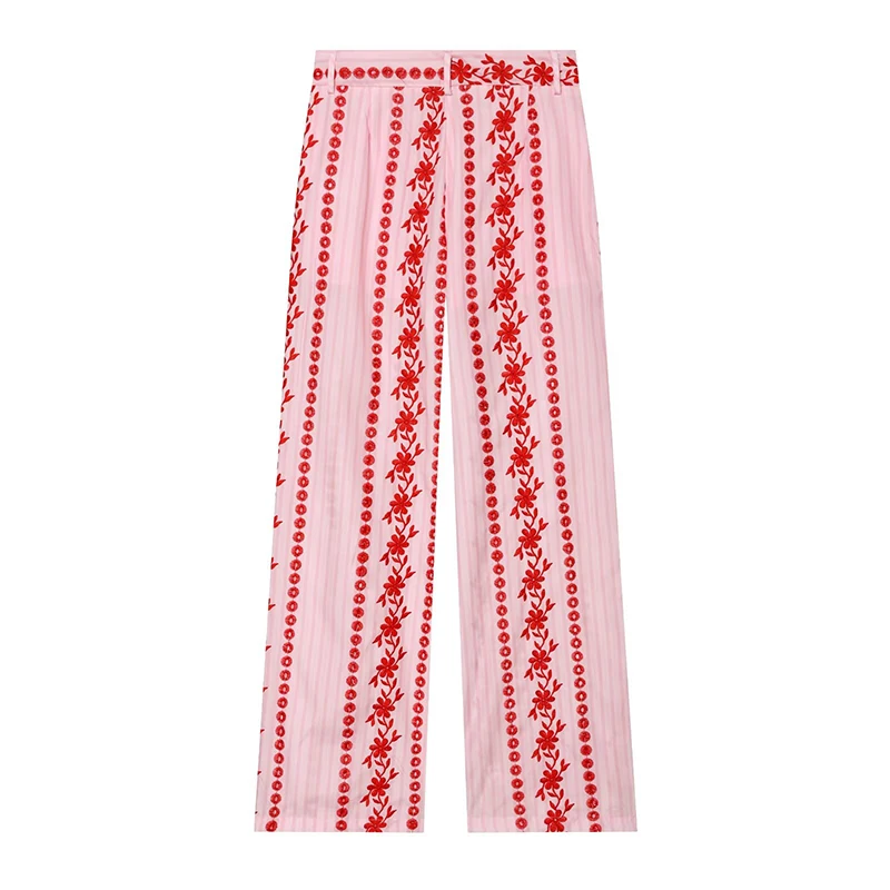 Floral Openwork Embroidery Pants Women High Waist Casual Summer Straight Trousers