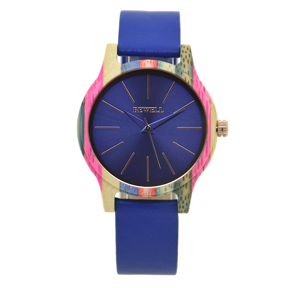 Neutral Large Dial Bamboo Wristwatch Dual Time Display Leather Band Buckle Lightweight Natural Bamboo Watch