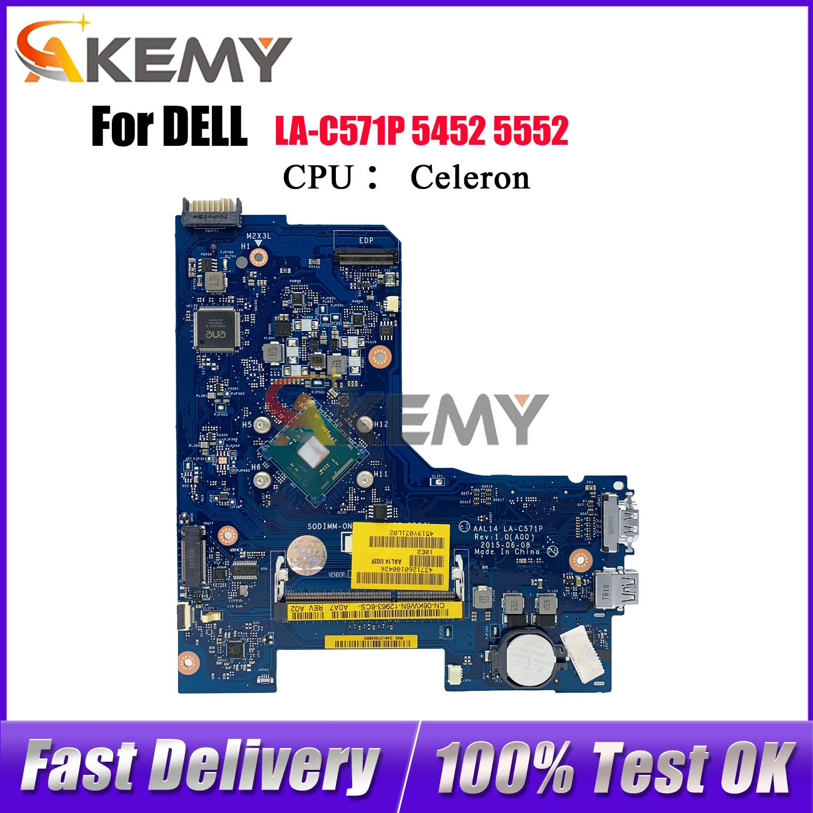 

Материнская плата для ноутбука DELL Inspiron 5452 5552, AAL14 LA-C571P с процессором Pentium CN-0F77J1 F77J1, 100% полностью протестирована
