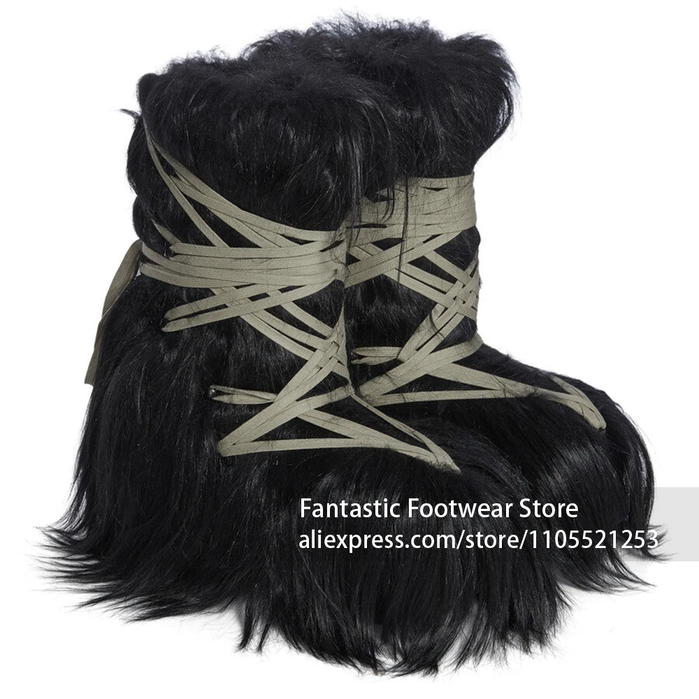 Thick Integrated Furry Platform Sole Boots Wrap Lace Up Closure Mid Calf Boots Wrap Straps Fur Upper Punk Goth Platform Boots