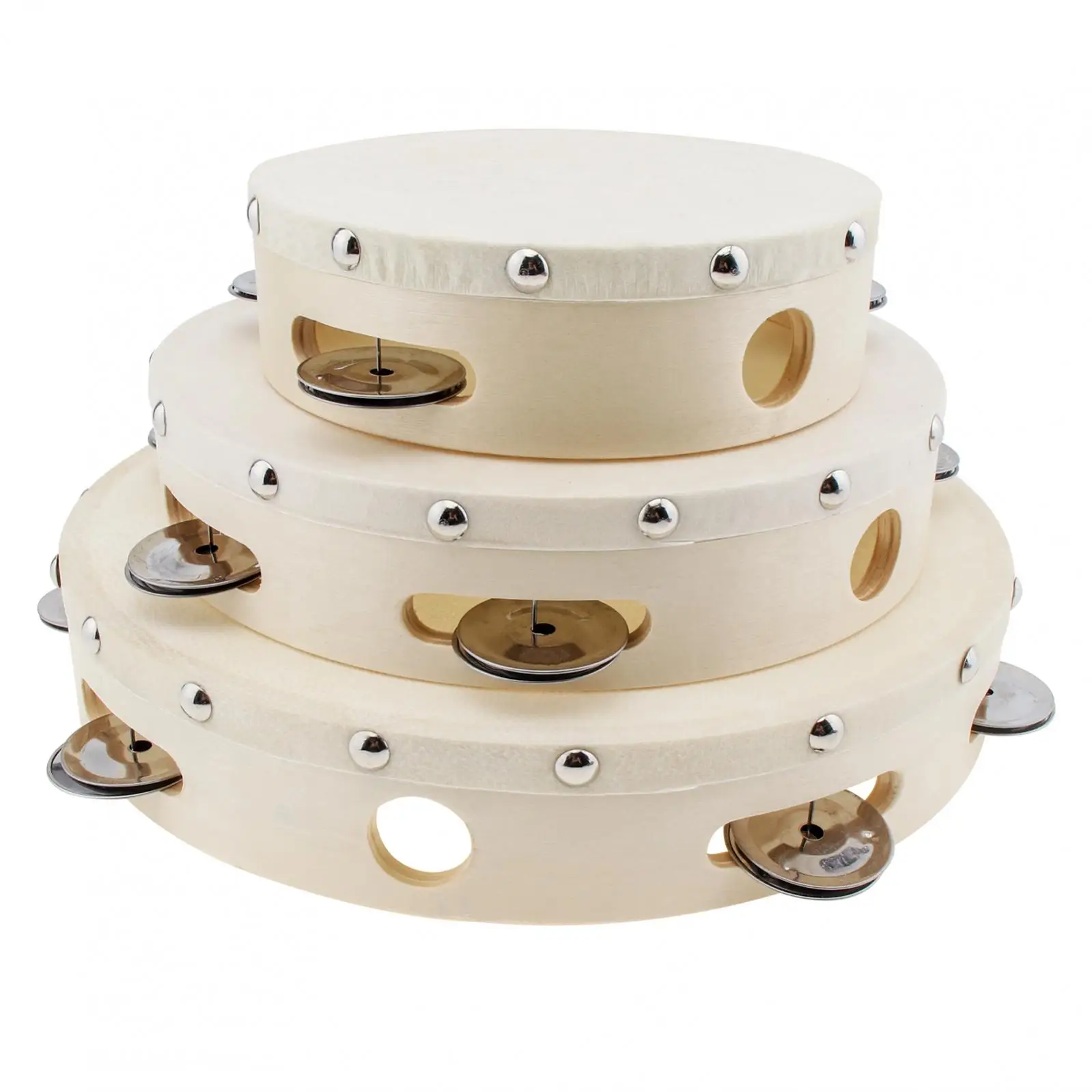 6 / 8 / 10 inch Wood Hand Held Tambourine Drum for Church Party KTV with Sheepskin Drumhead, Single Row Musical Instrument