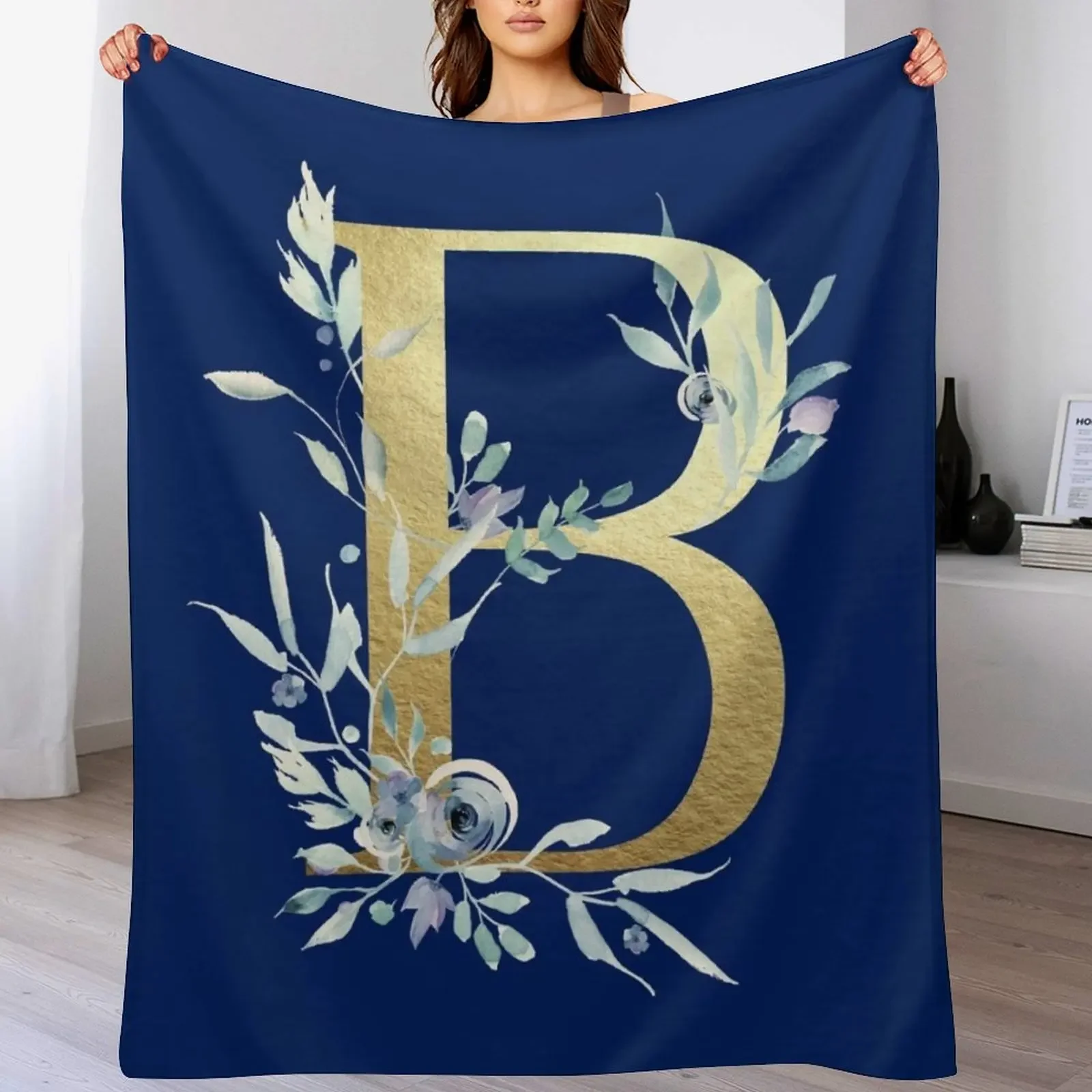 

B - Gold Monogram Letter with Watercolor Flowers Throw Blanket Summer Beddings Hair Bed Fashionable Fashion Sofas Blankets