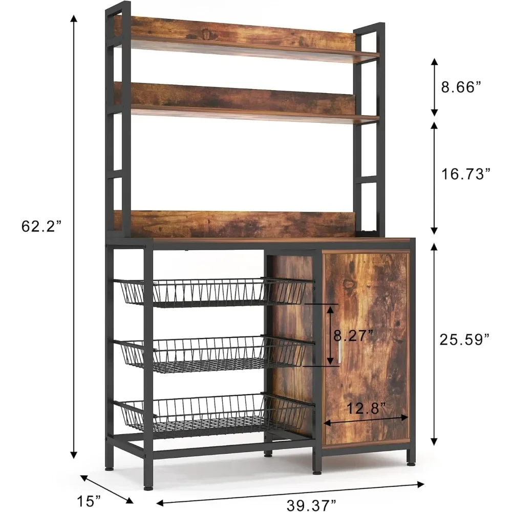 Kitchen Bakers Rack, Kitchen Utility Storage Shelf, Free Standing Kitchen Utility Cart Storage Shelf Organizer with Hooks