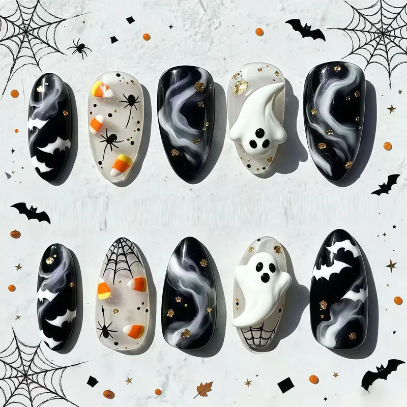 10 Stück 3D Geister-Kürbis Katzenaugen-Kunstnägel mit rauer Textur, Halloween-Nägel, europäische & amerikanische Nagelaufkleber, künstliche Nägel – Detail 10