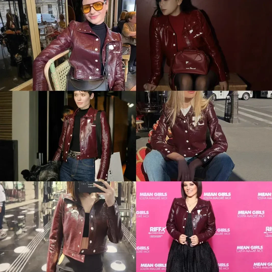 Trendy Luxury French Cou Logo Silhouette PU Leather Jacket Black Wine Red Short Coat Half Skirt Set 