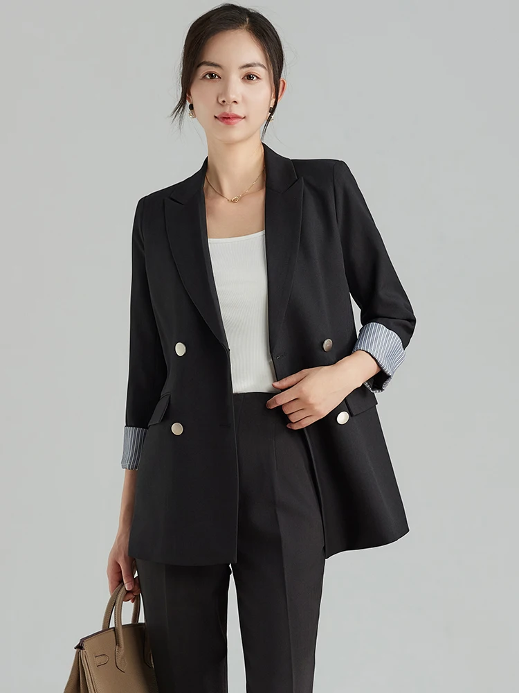 Black Casual Suit Jacket Women's Premium Spring New Fashion Loose Commuting Interview Polyester Pure Color Seven Sleeve Length