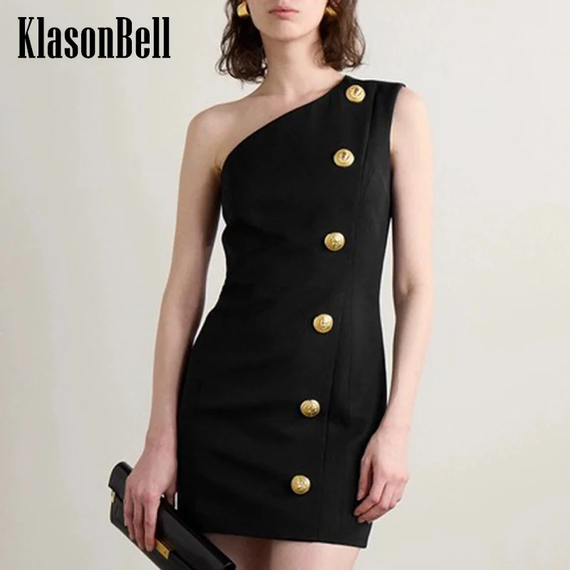 

8.6 KlasonBell Women Fashion Sexy Off Single Shoulder Short Dress Gold Button Single Breasted Stretch Slim Package Hip Dress