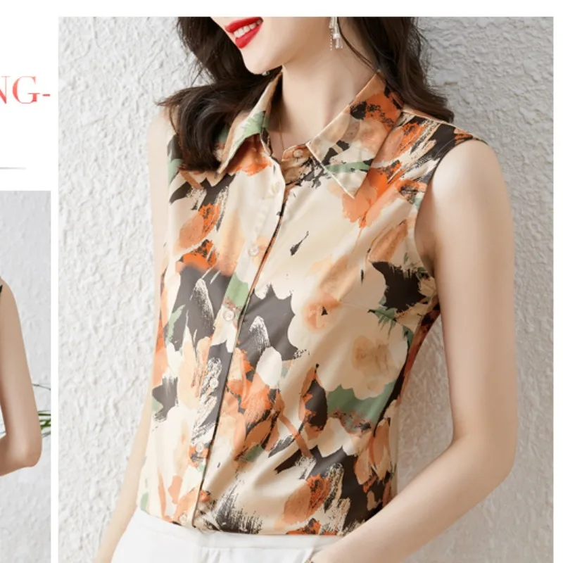 2024 New Women\'s Summer Printed Polo Collar Fashion Elegant Silk Tank Top Shirt Sleeveless Single Row Multi Button Loose Top