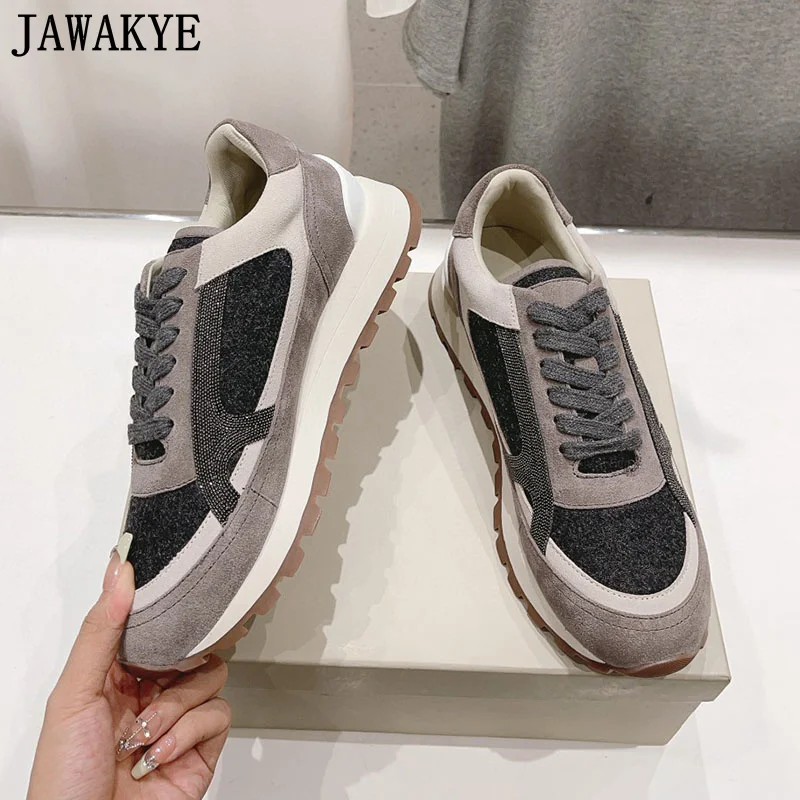 High Quality Real Suede Leather Fur Sneakers Winter Fashion Brand Mixed Color Platform Shoes Beading Walking Loafers Shoes