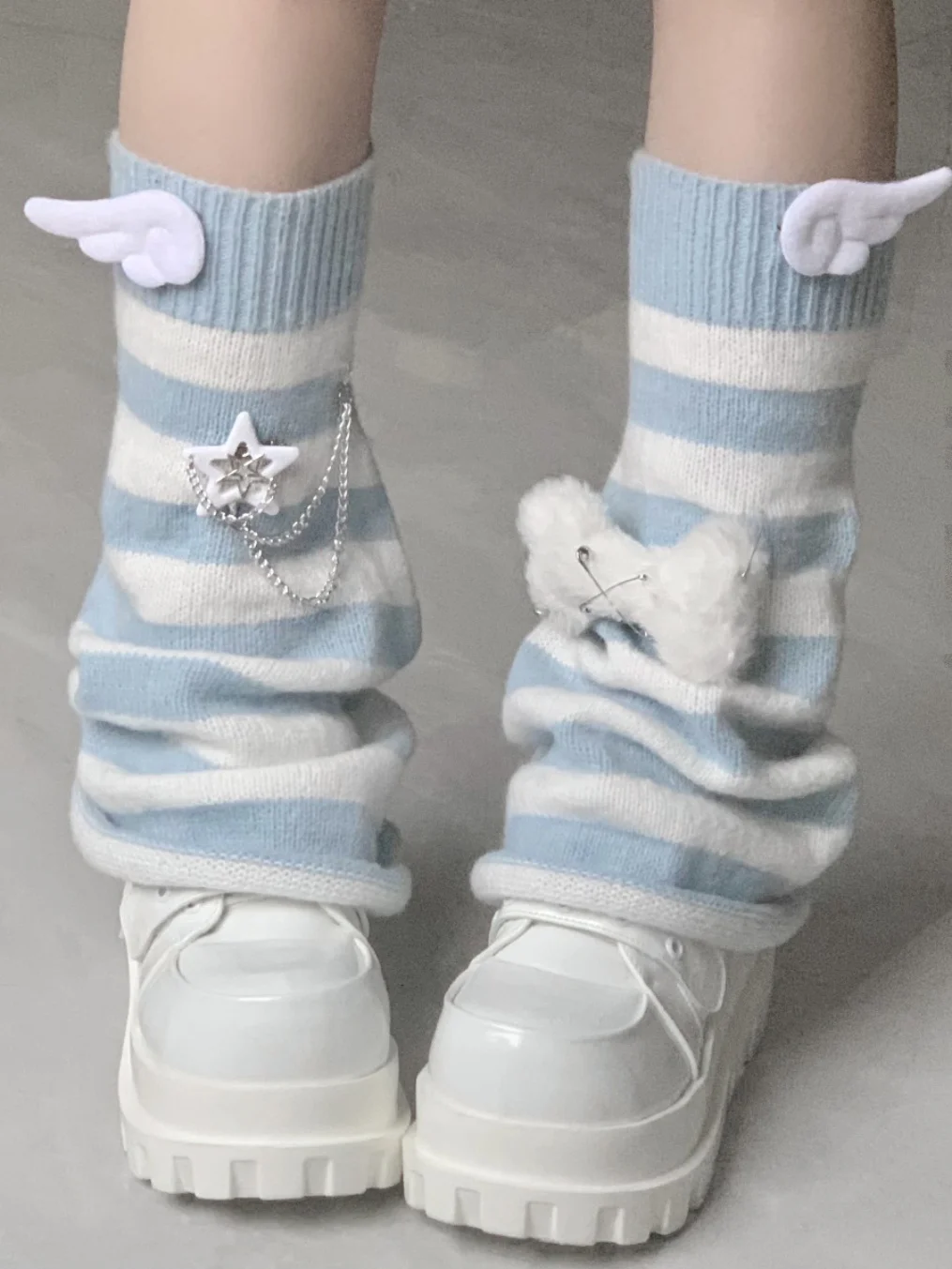 

Y2k Water Blue And White Black Pantyhose Striped Horn Japanese Bone Pile Sock Angel's Wings Subculture Cute Kawaii Daily Jk