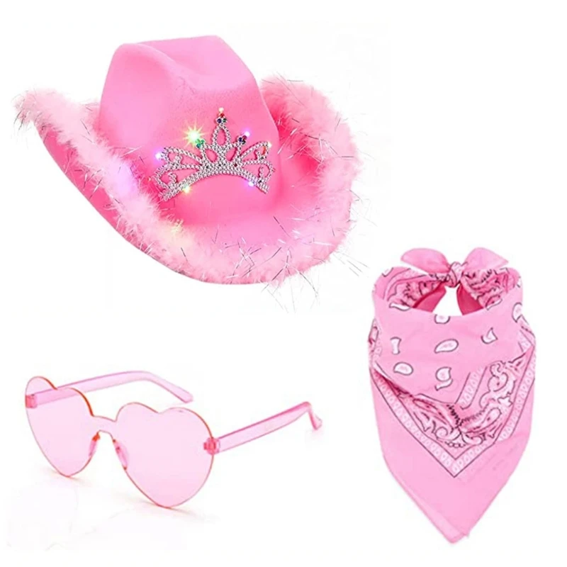 Cosplay Cowboy Hat for Female WesternStyle Top Hat Kerchief Scarf Heart Sunglasses Masquerade Party Costume Accessories