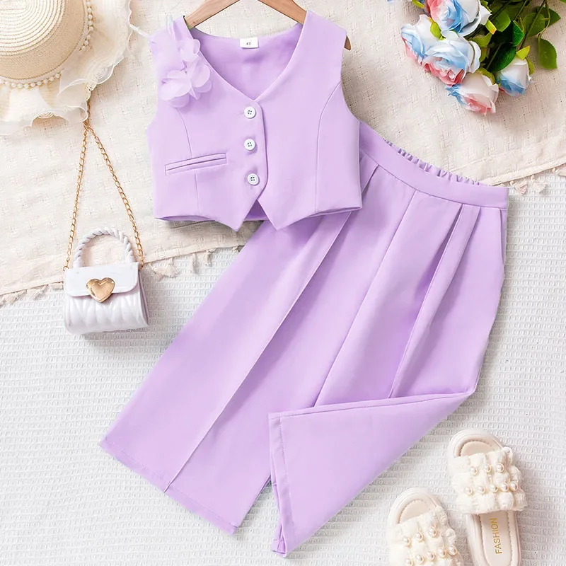 

2Piece Sets Summer Baby Girl Clothes Korean Fashion Solid Flower Sleeveless Cotton Tops+Loose Pants Boutique Kids Clothing B063