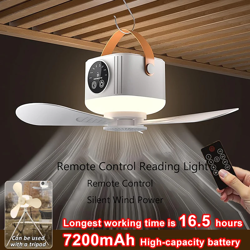 LED Light With Fan Portable Silent Ceiling Fans Light Rechargeable/Plug-in LED Lamp Remote Control 7200mAh for Bedroom Camping