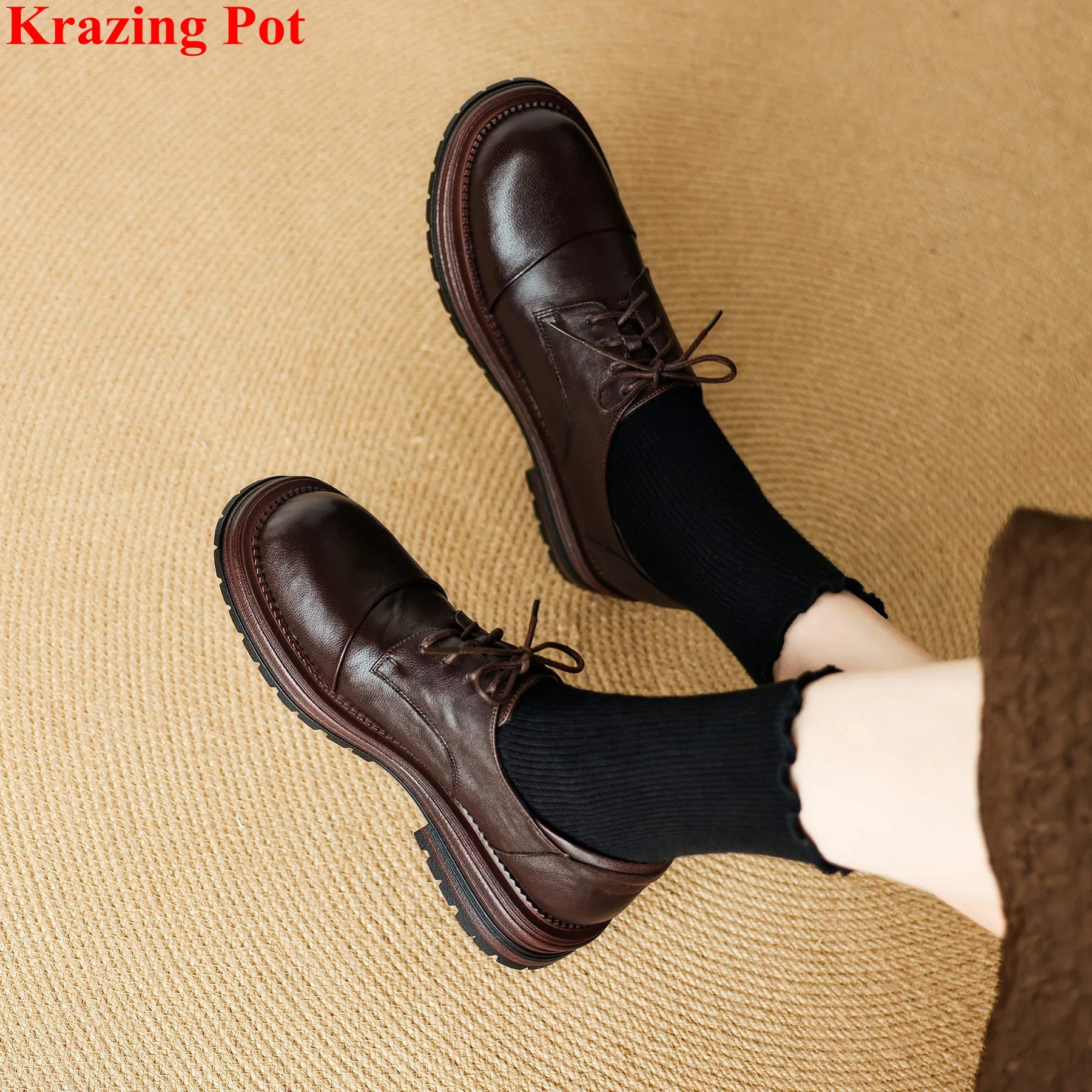 

Krazing Pot 2026 Sheepskin Round Toe Med Heels Spring Autumn Casual Shoes Lace Up Oxford Classics Platform Vacation Women Pumps