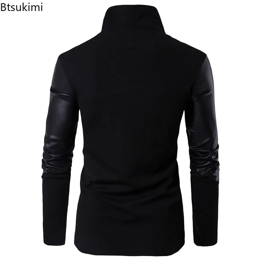 Men\'s Cotton Sweatshirts Pullovers Stand Collar Slim Knitwear Coats Trend Streetwear Faux Leather Patchwork Knitted Tops for Men